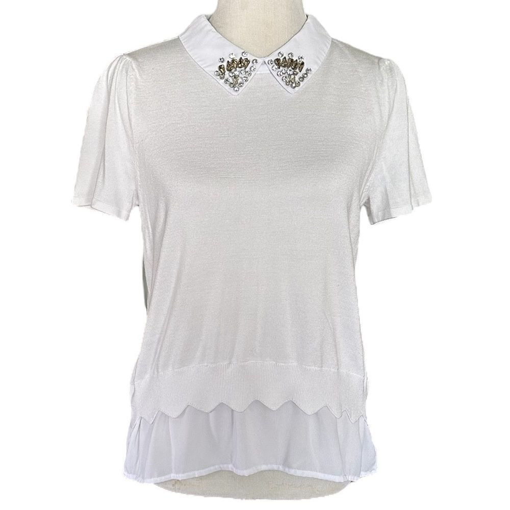 Belldini White Formal Peterpan Embellished Collar Flowy Workwear Blouse Shirt